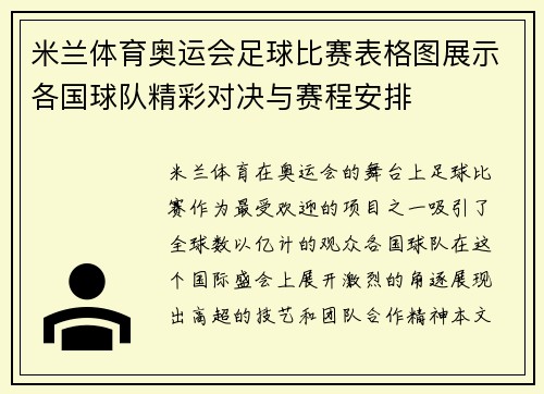 米兰体育奥运会足球比赛表格图展示各国球队精彩对决与赛程安排
