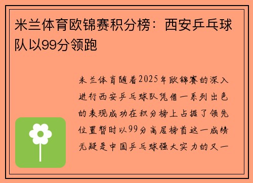 米兰体育欧锦赛积分榜：西安乒乓球队以99分领跑