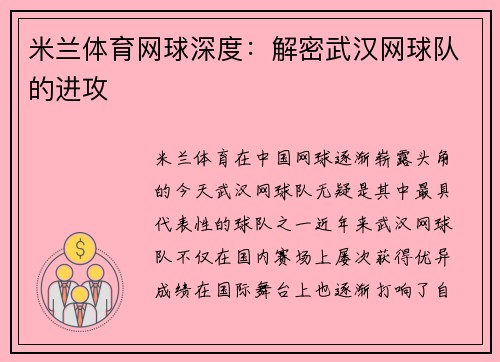 米兰体育网球深度：解密武汉网球队的进攻